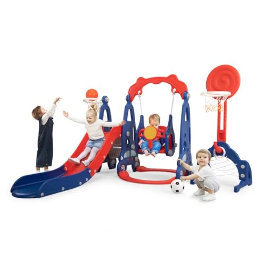 5 in 1 Toddler Slide and Swing Playset Indoor Outdoor Playground with Basketball Hoop and Long Slide Backyard Slide Sets for Ba