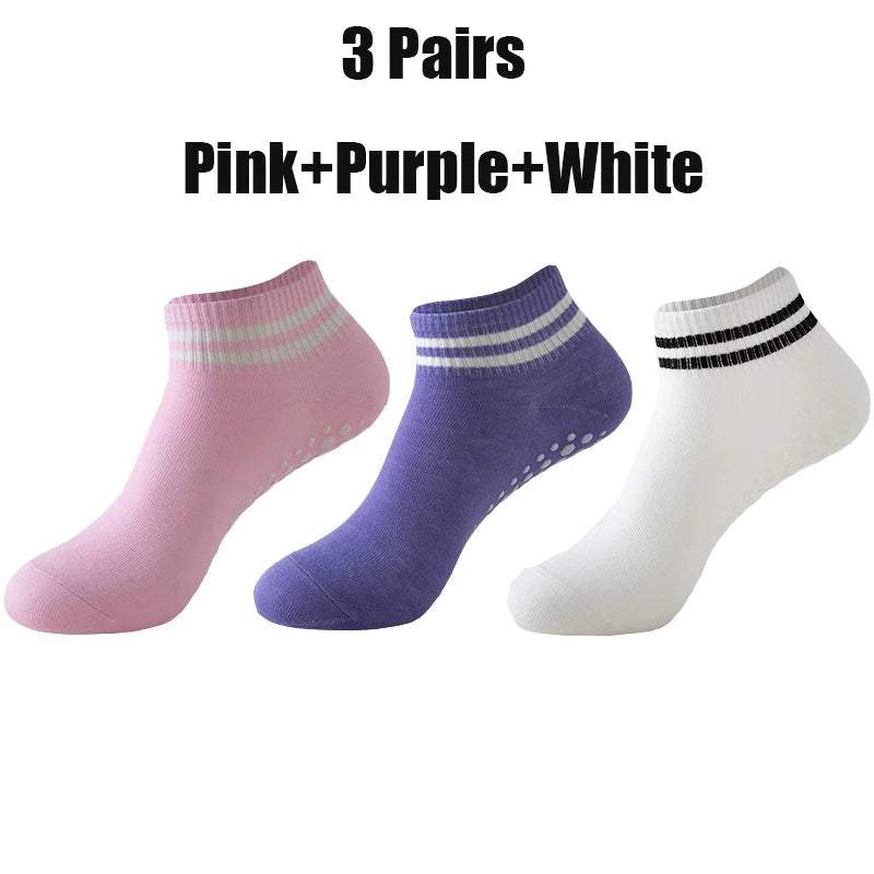 3 Pairs Winter Floor Socks for Women Yoga Double Stripes Non Slip Pilates Grip Socks Sport Socks Workout Ballet Athletic Socks