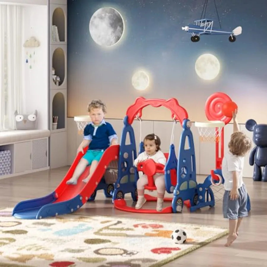 5 in 1 Toddler Slide and Swing Playset Indoor Outdoor Playground with Basketball Hoop and Long Slide Backyard Slide Sets for Ba
