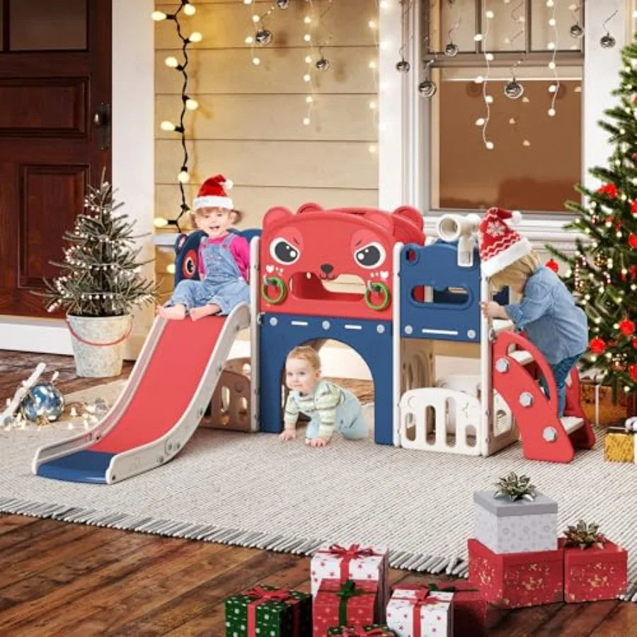 9-in-1 Toddler Slide and Climber Playset Freestanding Indoor Outdoor Slide for Age 1-8 Backyard Playground with Basketball Hoop