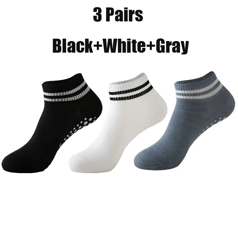 3 Pairs Winter Floor Socks for Women Yoga Double Stripes Non Slip Pilates Grip Socks Sport Socks Workout Ballet Athletic Socks