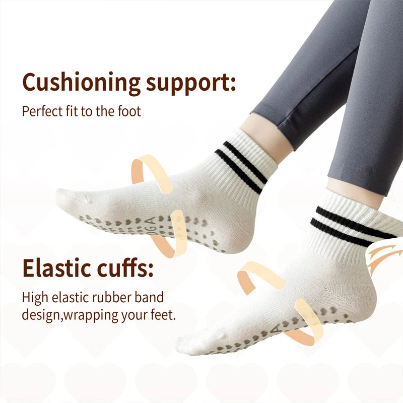 3 Pairs Winter Floor Socks for Women Yoga Double Stripes Non Slip Pilates Grip Socks Sport Socks Workout Ballet Athletic Socks