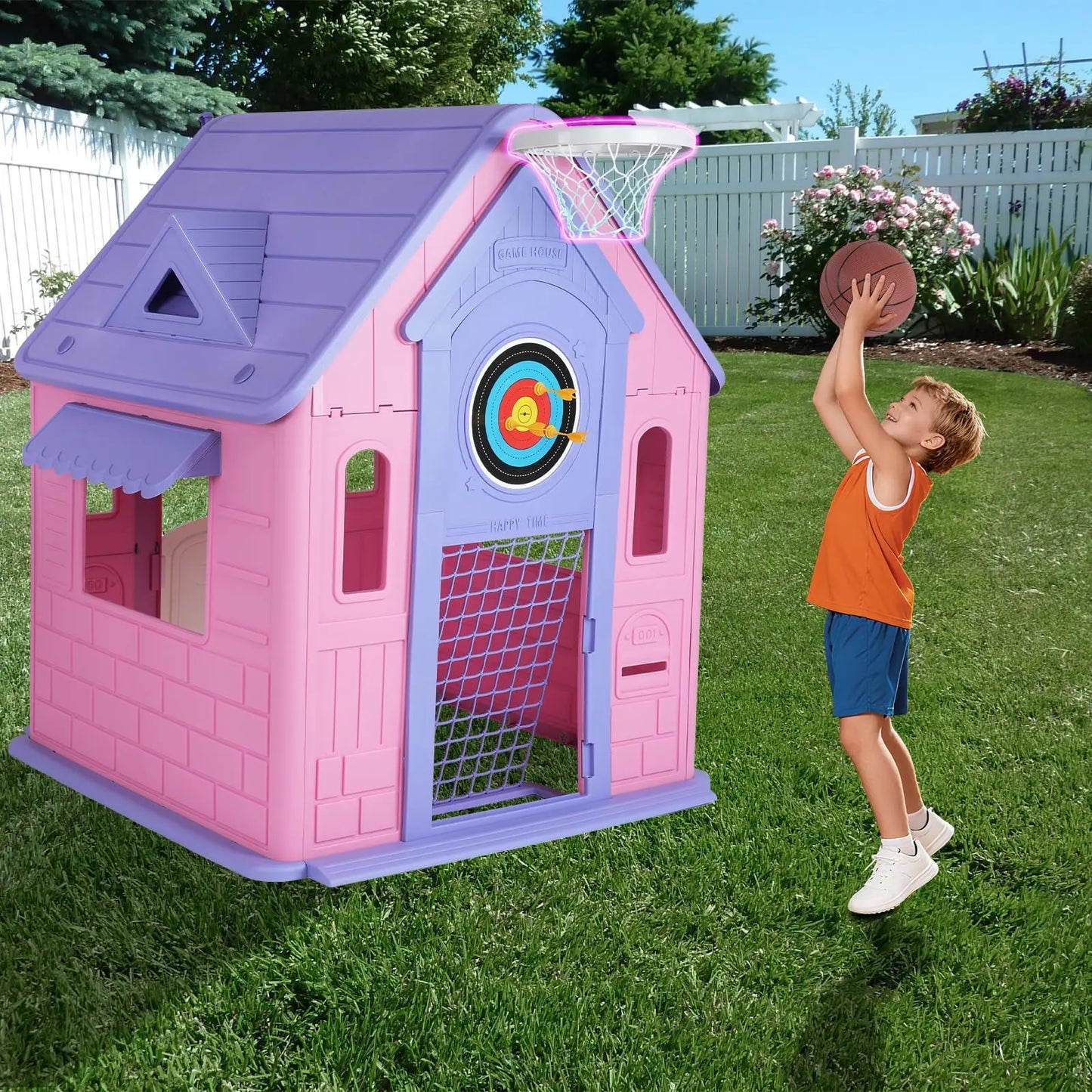 Kid's Playhouse With Soccer Net, Dart, Ring Toss, Basketball Hoop For Indoor Outdoor