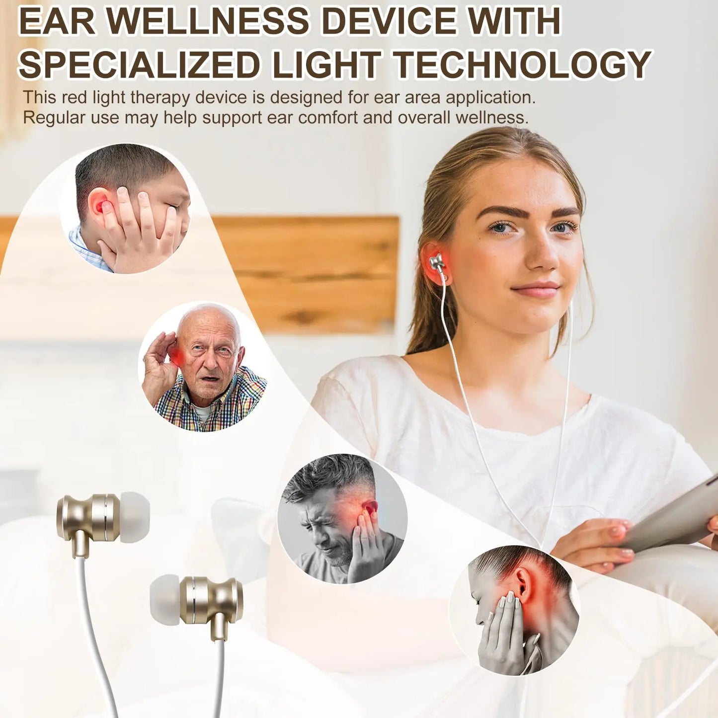 Laser Ear Irradiator for Ears 650nm Red Light Therapy Reduce Tinnitus&Otitis Media with Storage Box, 2 Ear Canal Silicone Cover