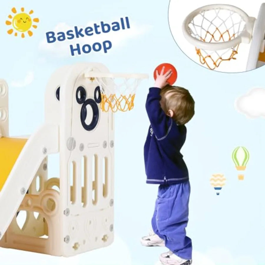 6 in 1 Toddler Slide Sturdy Slide with Basketball Hoop and Telescope Non-Slip Steps L-Shaped Baby Indoor and Outdoor Climber Pl
