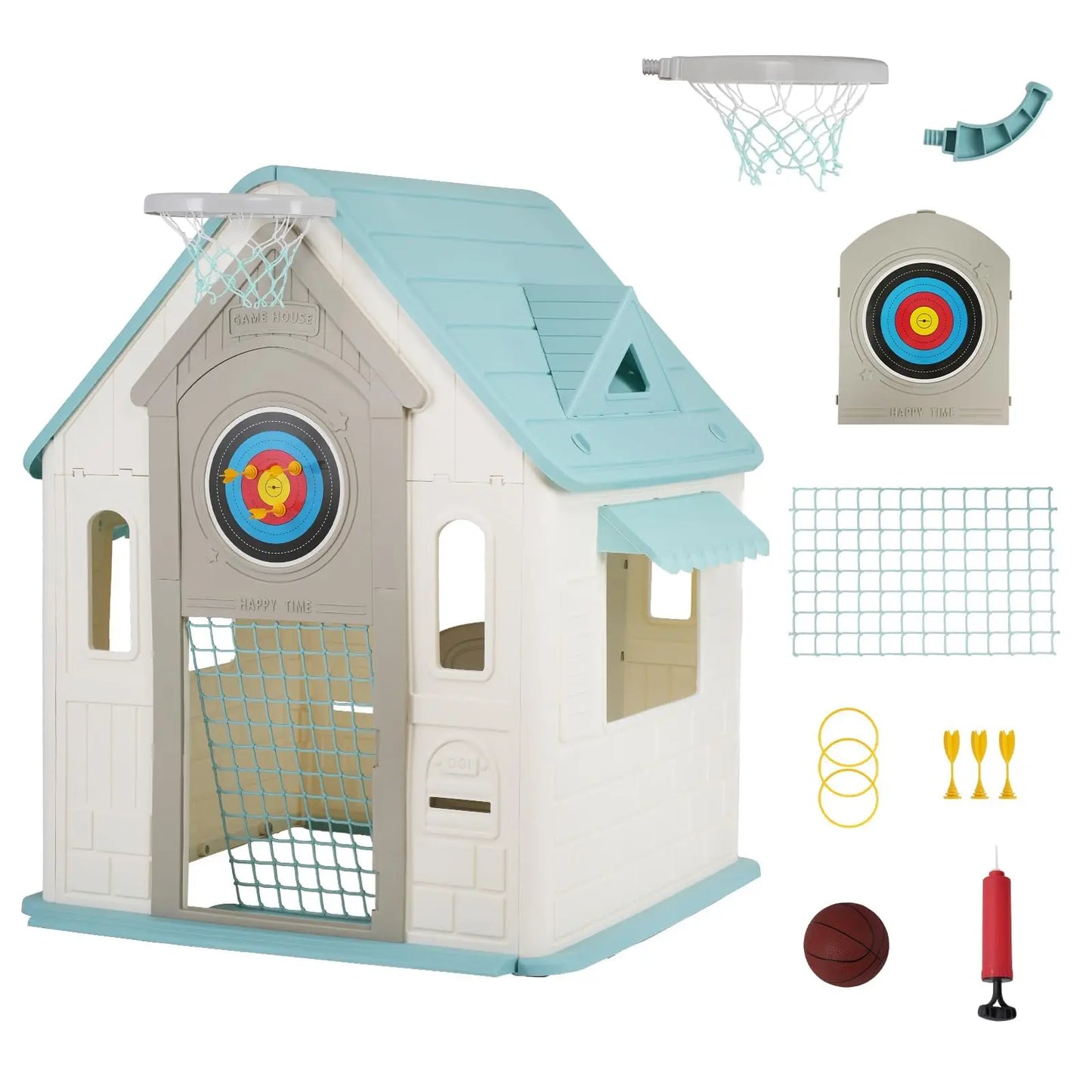 Kid's Playhouse With Soccer Net, Dart, Ring Toss, Basketball Hoop For Indoor Outdoor