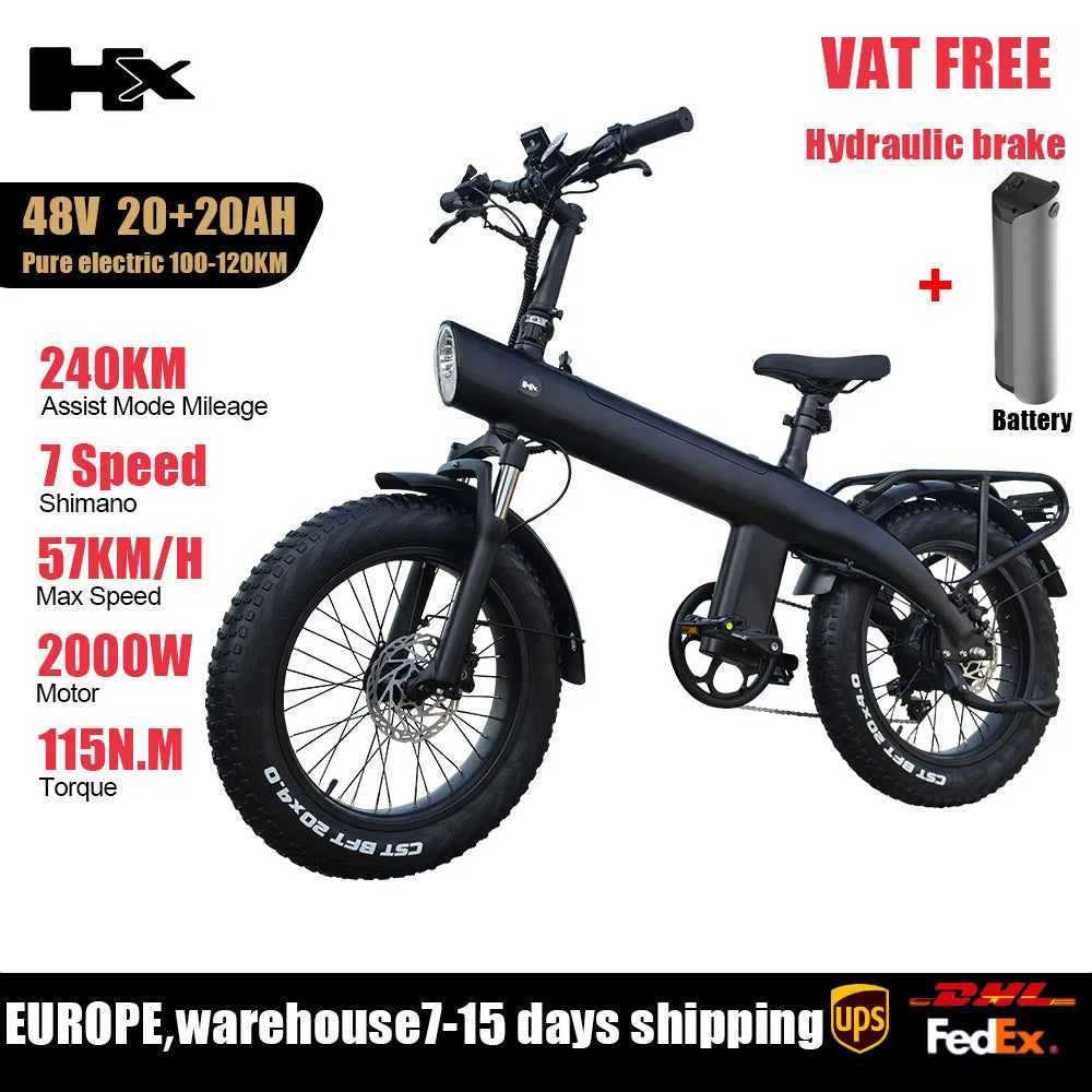 HX Q3 2000W Adult Electric Bike 48V 20Ah E Bike Removable Battery 115Nm Ebike 20*4.0 Inch Fat Tire All-Terrain Electric Bicycle