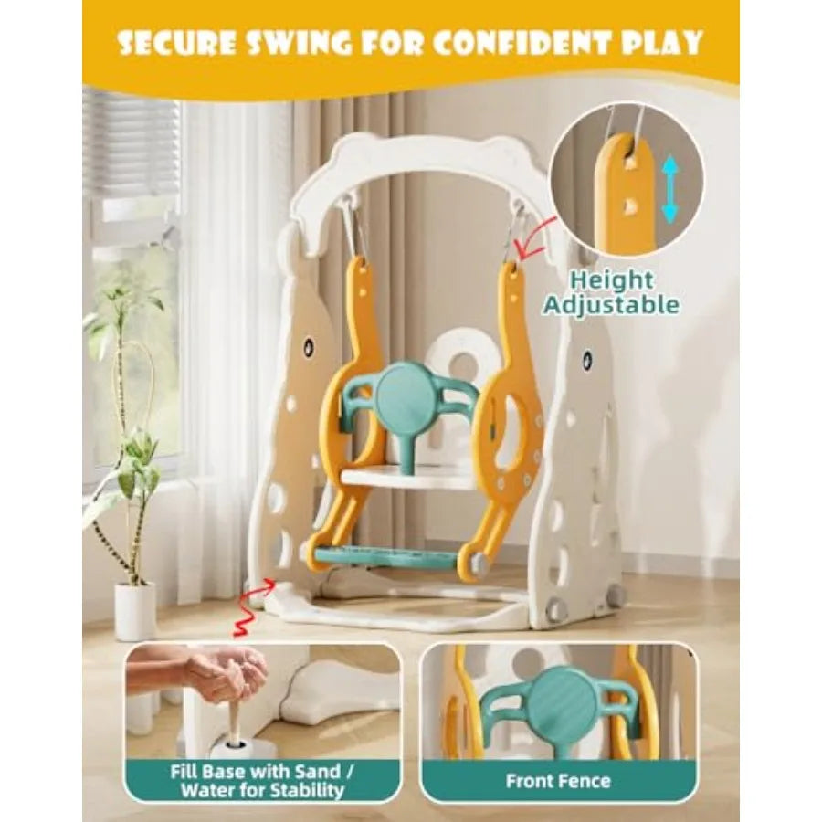 4 in 1 Toddler Outdoor Playset Green Slide and Swing Set for 1-3 Year Olds with Basketball Hoop and Climber Toys Indoor Outdoor