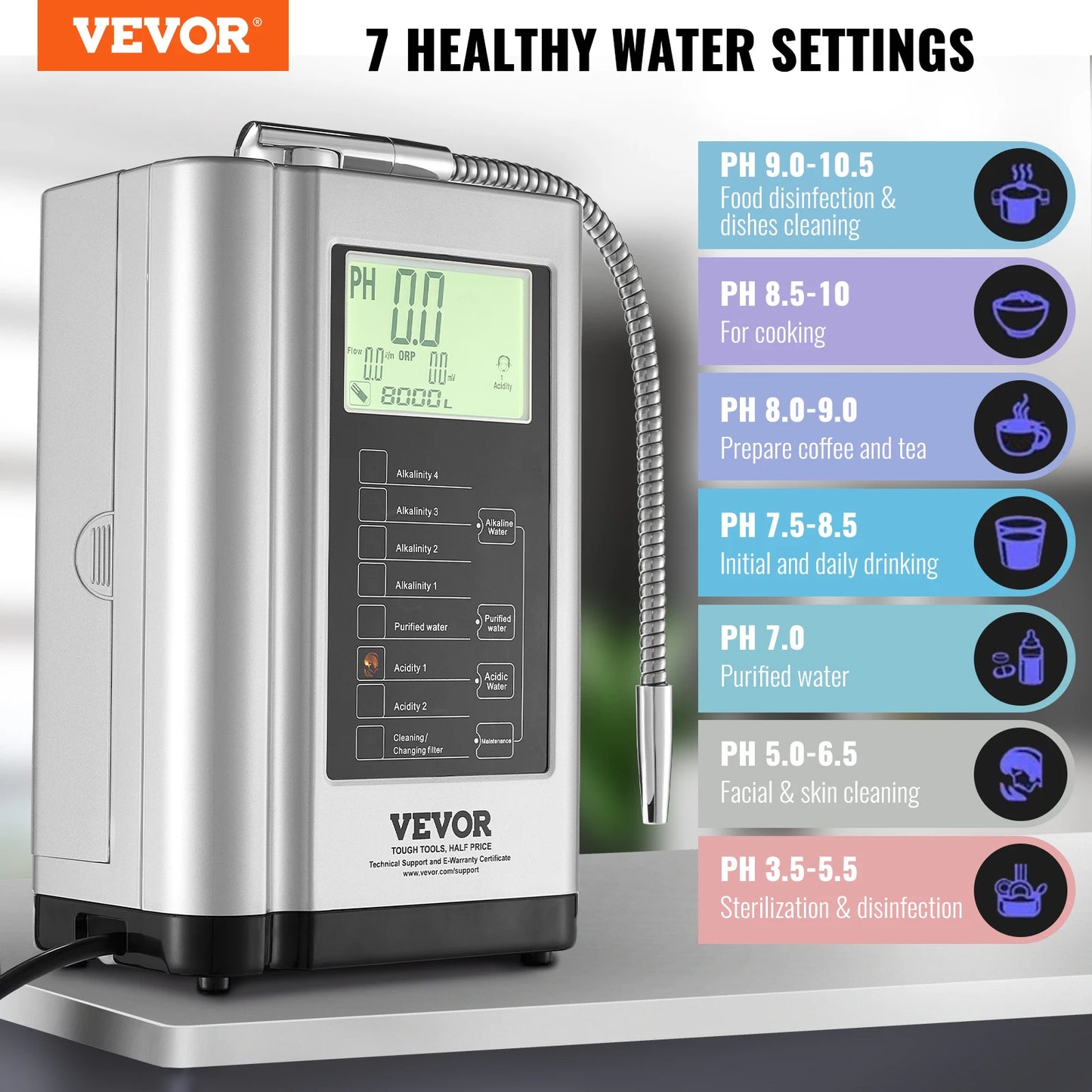 Experience pure, customizable hydration with the VEVOR Alkaline Water Ionizer and purifier.